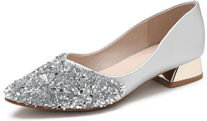 Women's Pumps, Closed Toe Chunky Heels for Women, Comfortable Work Pumps Shoes, Pointed Toe Rhinestones Dress Wedding Pumps for Women