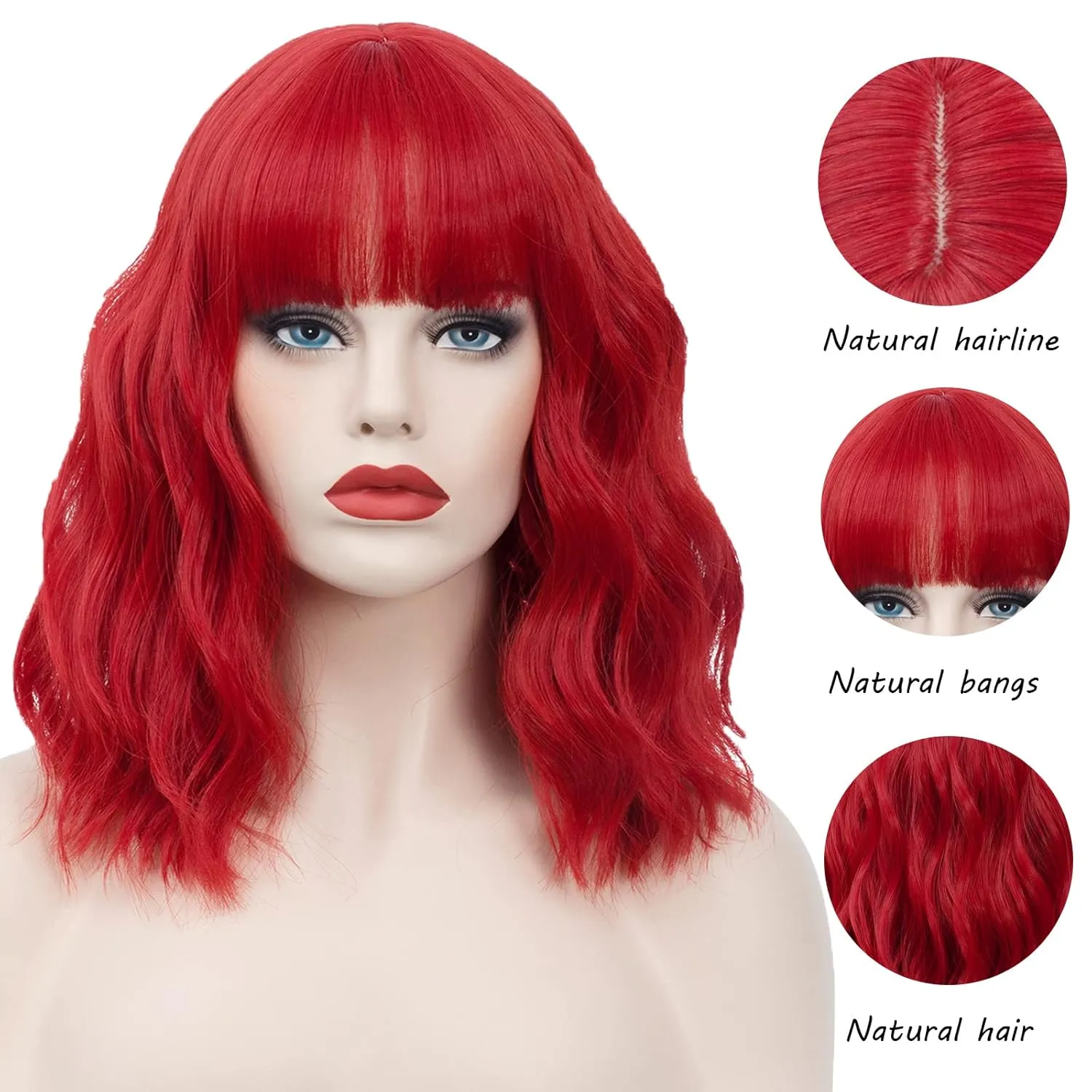 Women's RED Wig Short Curly Wavy Wig Shoulder Length Flat Bangs Wig For Women Girl Cosplay Party Halloween Wig Cap Included (14''RED)