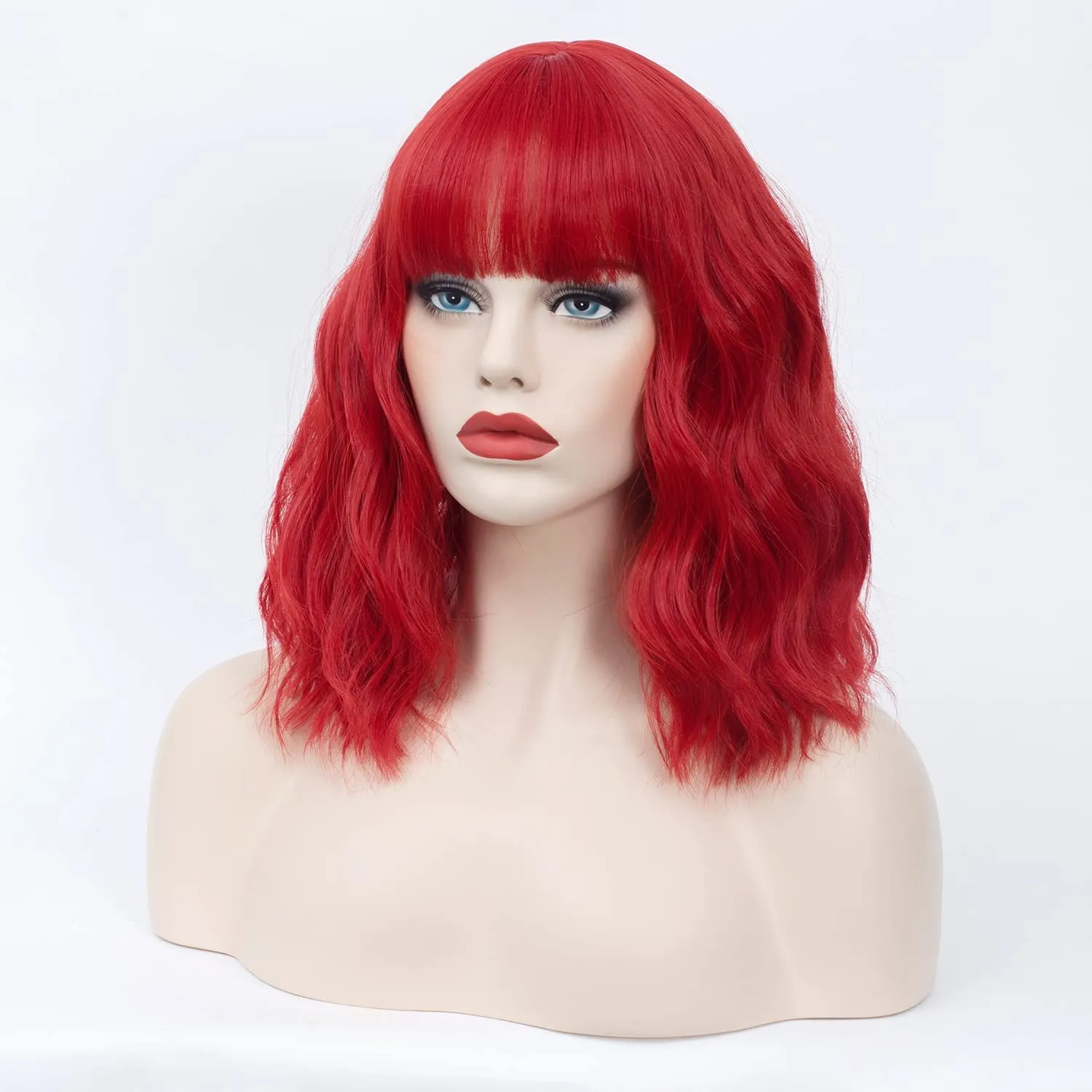 Women's RED Wig Short Curly Wavy Wig Shoulder Length Flat Bangs Wig For Women Girl Cosplay Party Halloween Wig Cap Included (14''RED)