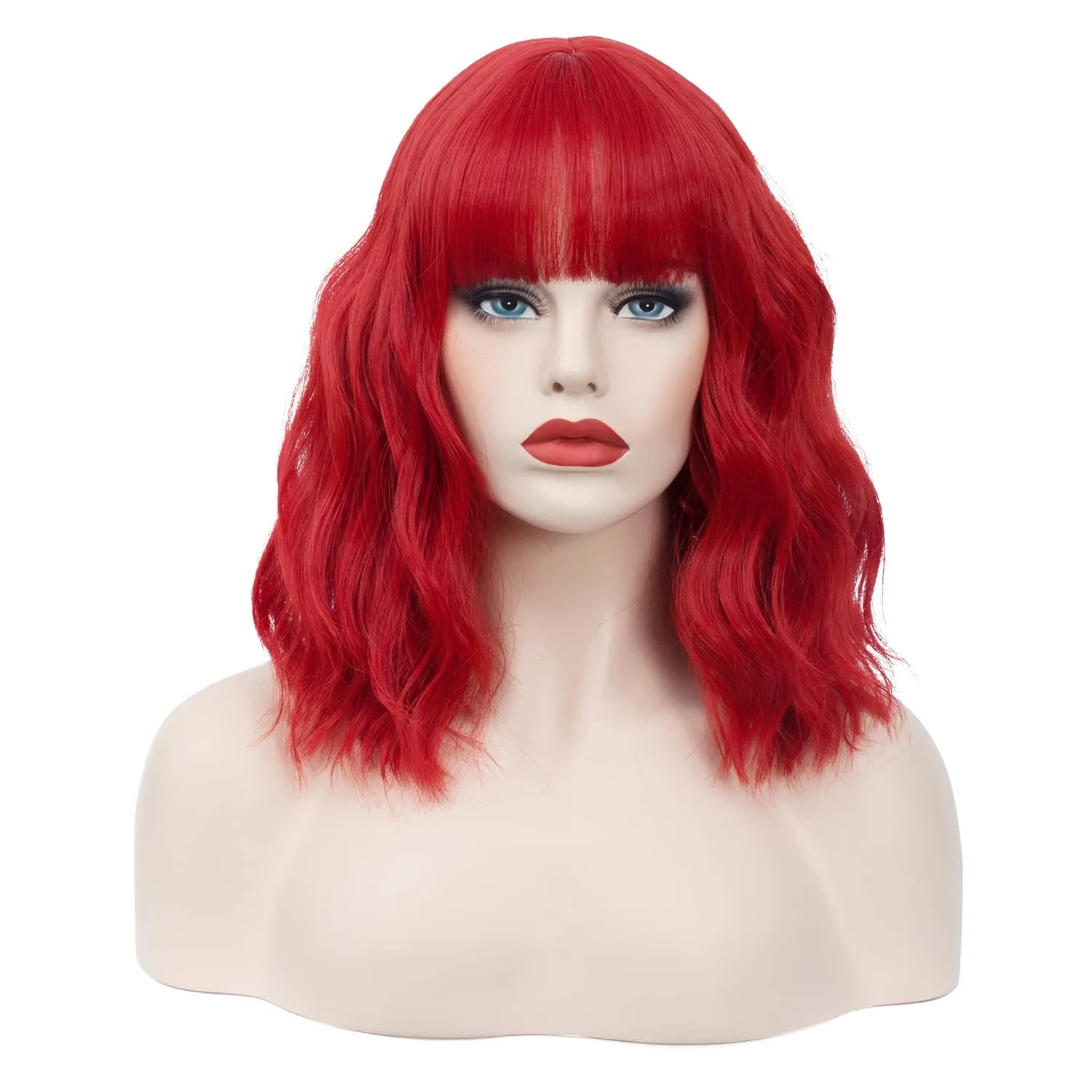Women's RED Wig Short Curly Wavy Wig Shoulder Length Flat Bangs Wig For Women Girl Cosplay Party Halloween Wig Cap Included (14''RED)