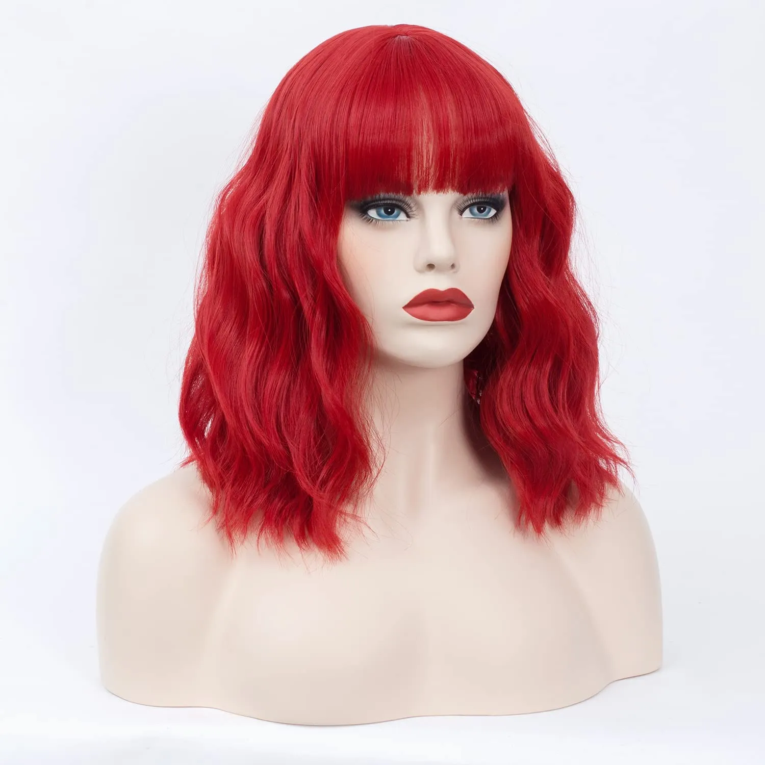 Women's RED Wig Short Curly Wavy Wig Shoulder Length Flat Bangs Wig For Women Girl Cosplay Party Halloween Wig Cap Included (14''RED)