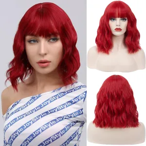 Women's RED Wig Short Curly Wavy Wig Shoulder Length Flat Bangs Wig For Women Girl Cosplay Party Halloween Wig Cap Included (14''RED)