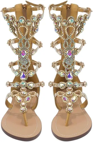 Women's Rhinestone Gladiator Sandals Stylish Flats for Summer Beach Weddings