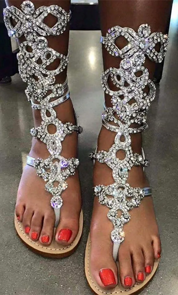 Women's Rhinestone Gladiator Sandals Stylish Flats for Summer Beach Weddings
