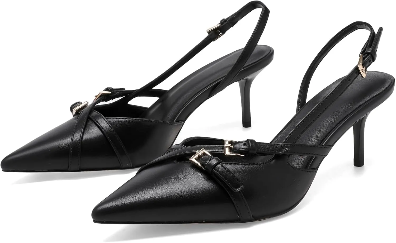 Women's Slingback Kitten Heels Buckle Strap Work Pumps Pointed Toe Slip On Comfortable Dress Shoes