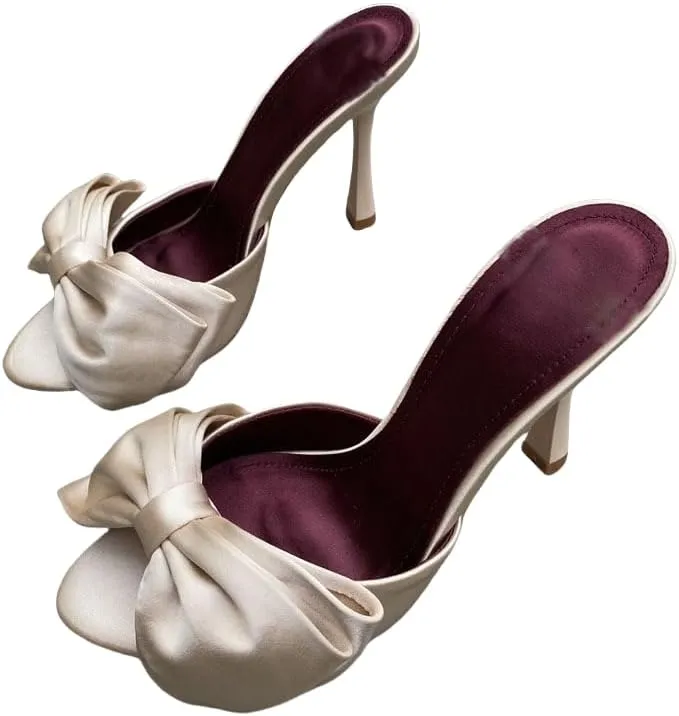 Women's Slip On Bow Slide Sandals Backless Stiletto Satin Heels Women Open toe Mules Party Prom Casual Dress