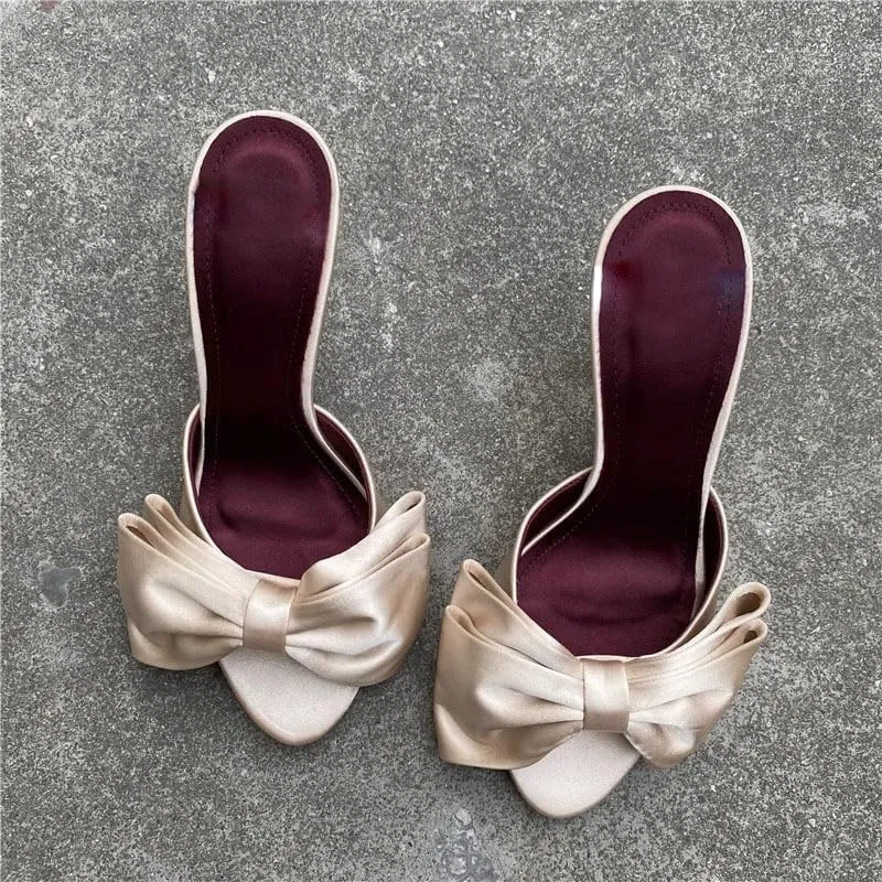 Women's Slip On Bow Slide Sandals Backless Stiletto Satin Heels Women Open toe Mules Party Prom Casual Dress