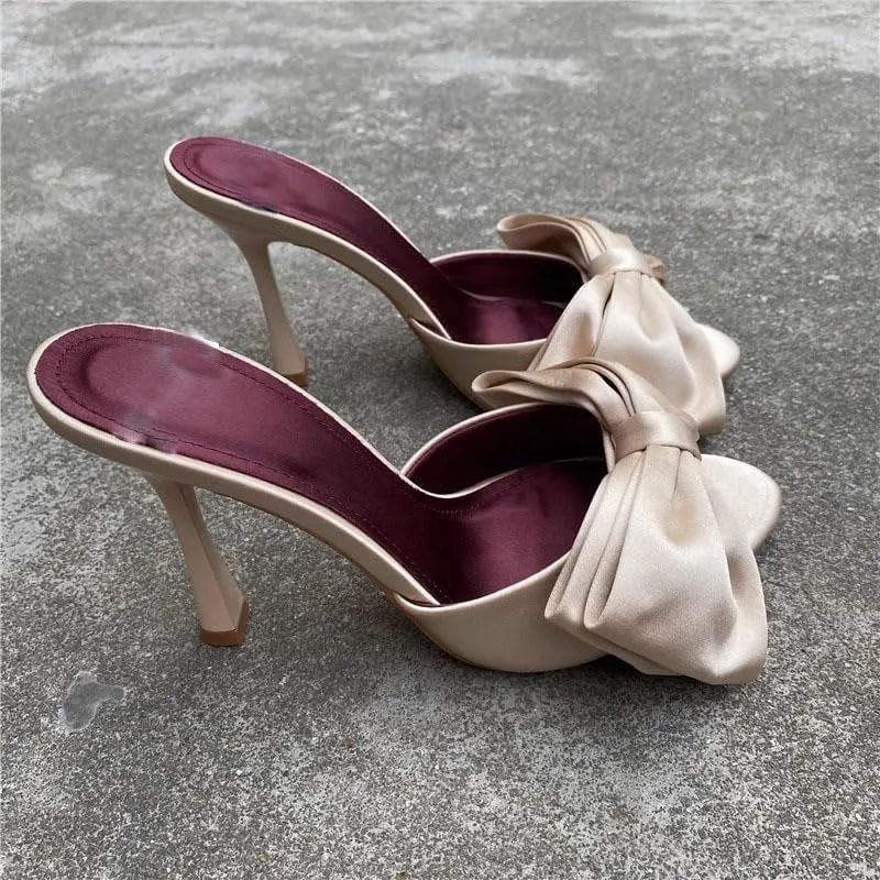 Women's Slip On Bow Slide Sandals Backless Stiletto Satin Heels Women Open toe Mules Party Prom Casual Dress