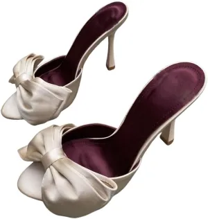 Women's Slip On Bow Slide Sandals Backless Stiletto Satin Heels Women Open toe Mules Party Prom Casual Dress