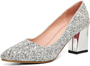 Women's Sparkling Glitter Chunky Heel Closed Toe Pumps Comfortable Mid Block Heel Slip-on Classic Party Dress Shoes