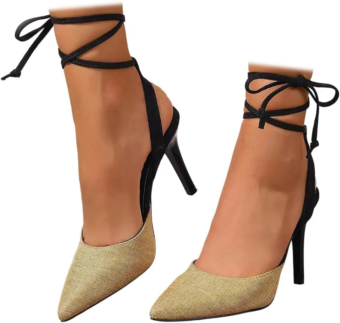 Women's Strappy Lace up Heeled Sandals Pointed Toe Kitten High Heels Stiletto Sandals Wedding Party Dress Ankle Strap Sandals