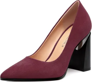 Women's Suede Chunky Block high Heels Comfortable Closed Pointed Toe Slip On Pumps Dinner Wedding Party Office Shoes 3.5 inch