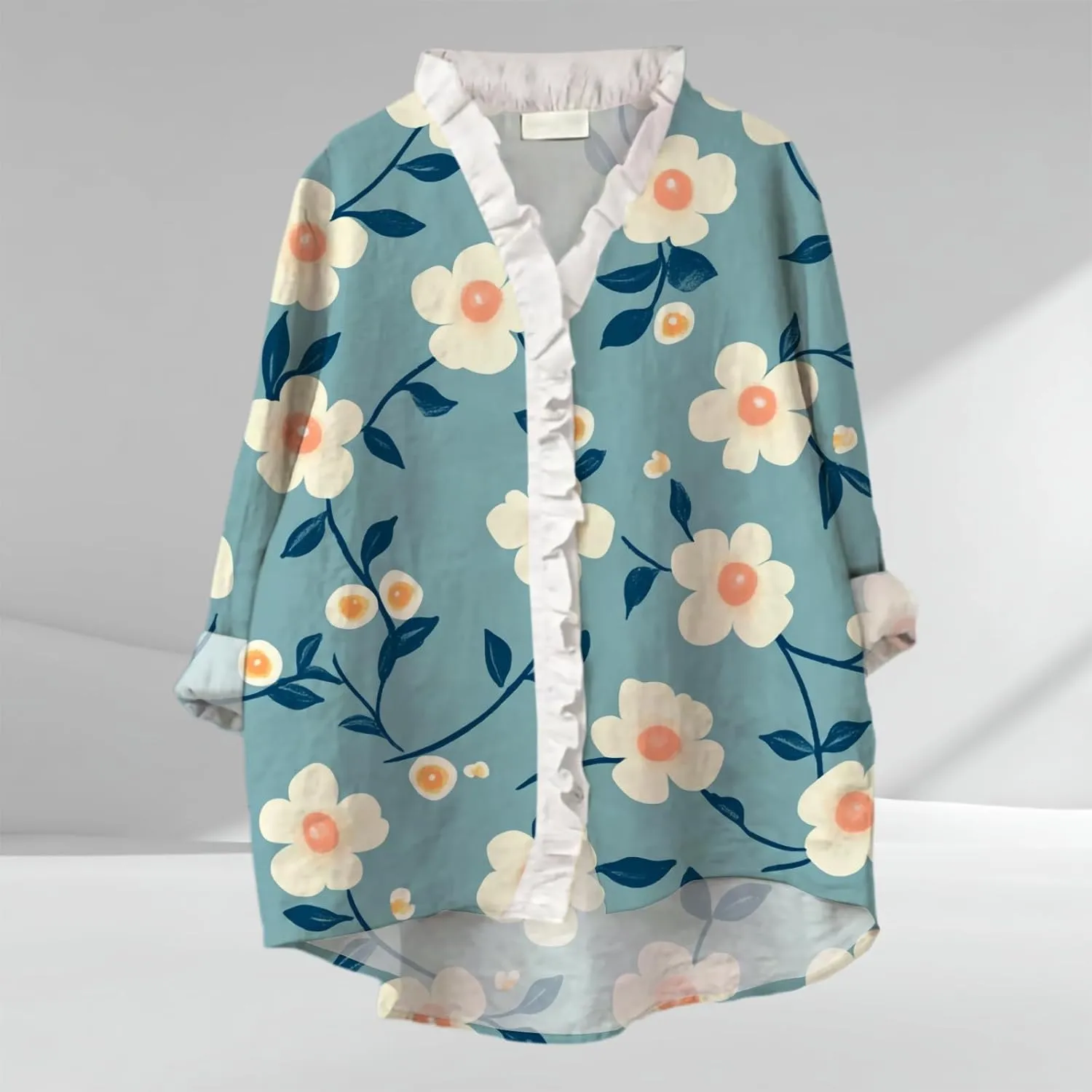 Womens Tops Button Down Ruffled V Neck Tunic Shirts Lightweight 3/4 Rolled Sleeves Flowy Boho Floral Print Blouses