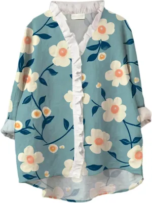 Womens Tops Button Down Ruffled V Neck Tunic Shirts Lightweight 3/4 Rolled Sleeves Flowy Boho Floral Print Blouses