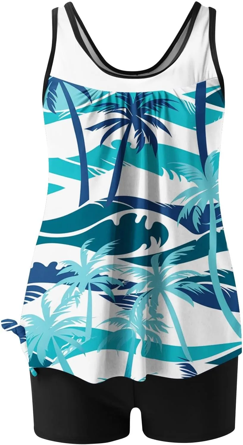 Womens Tummy Control Swim Suits 2025 Plus Size Two Piece Tankini Swimsuits Vacation Tankini Tops with Shorts Swimwear