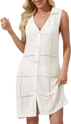 Women's V-Neck Crochet Beach Swimsuit Cover Up Dress Button-Down Boho Plaid Summer Knit Sweater Shirt Dresses