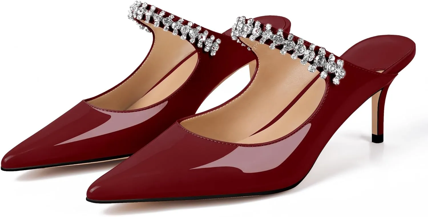 XINIUNIU Heeled Mules for Women Rhinestone Heels Pointed Toe Slip On 2.5 Inch Kitten Stiletto Closed Toe Sandals Dress Wedding Pump Shoes