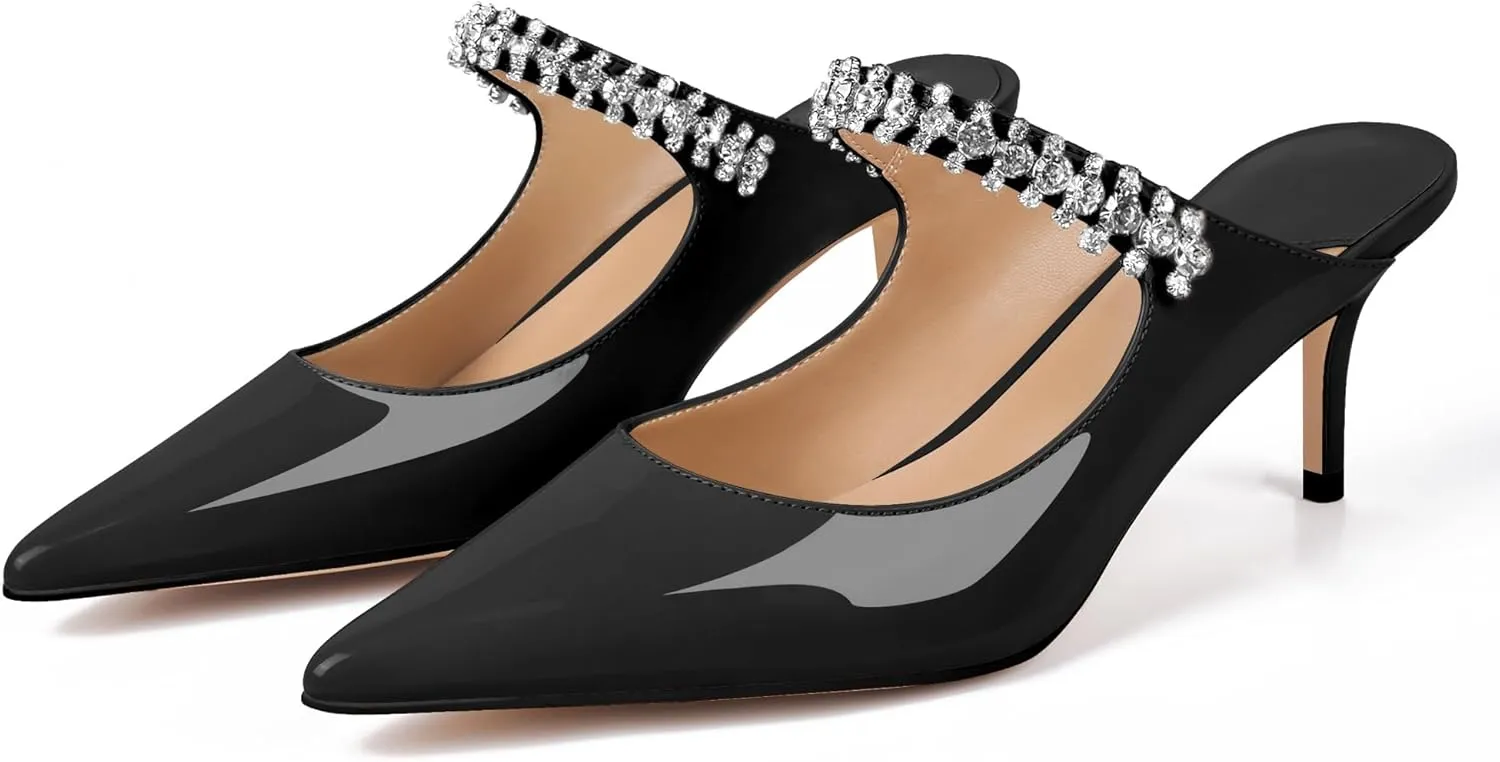 XINIUNIU Heeled Mules for Women Rhinestone Heels Pointed Toe Slip On 2.5 Inch Kitten Stiletto Closed Toe Sandals Dress Wedding Pump Shoes