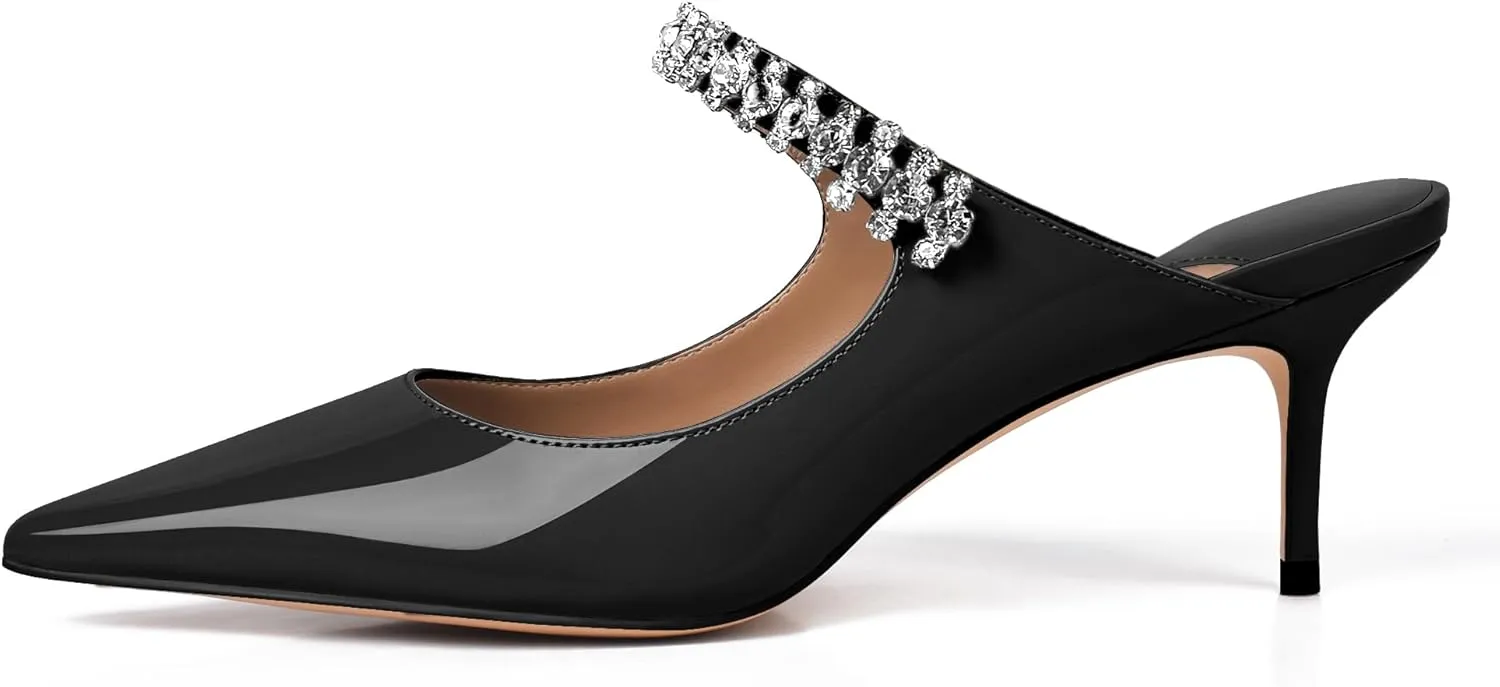 XINIUNIU Heeled Mules for Women Rhinestone Heels Pointed Toe Slip On 2.5 Inch Kitten Stiletto Closed Toe Sandals Dress Wedding Pump Shoes