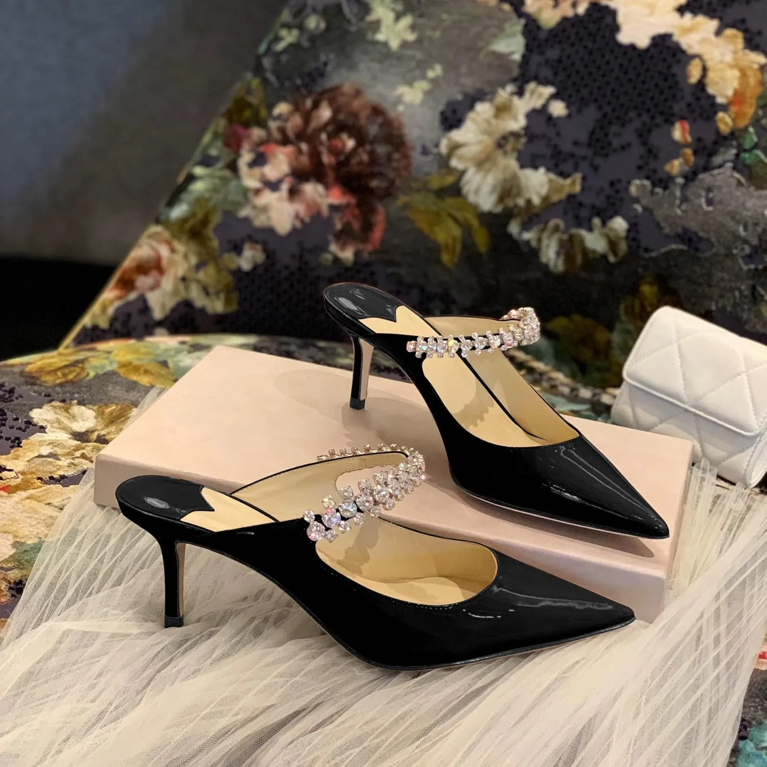 XINIUNIU Heeled Mules for Women Rhinestone Heels Pointed Toe Slip On 2.5 Inch Kitten Stiletto Closed Toe Sandals Dress Wedding Pump Shoes