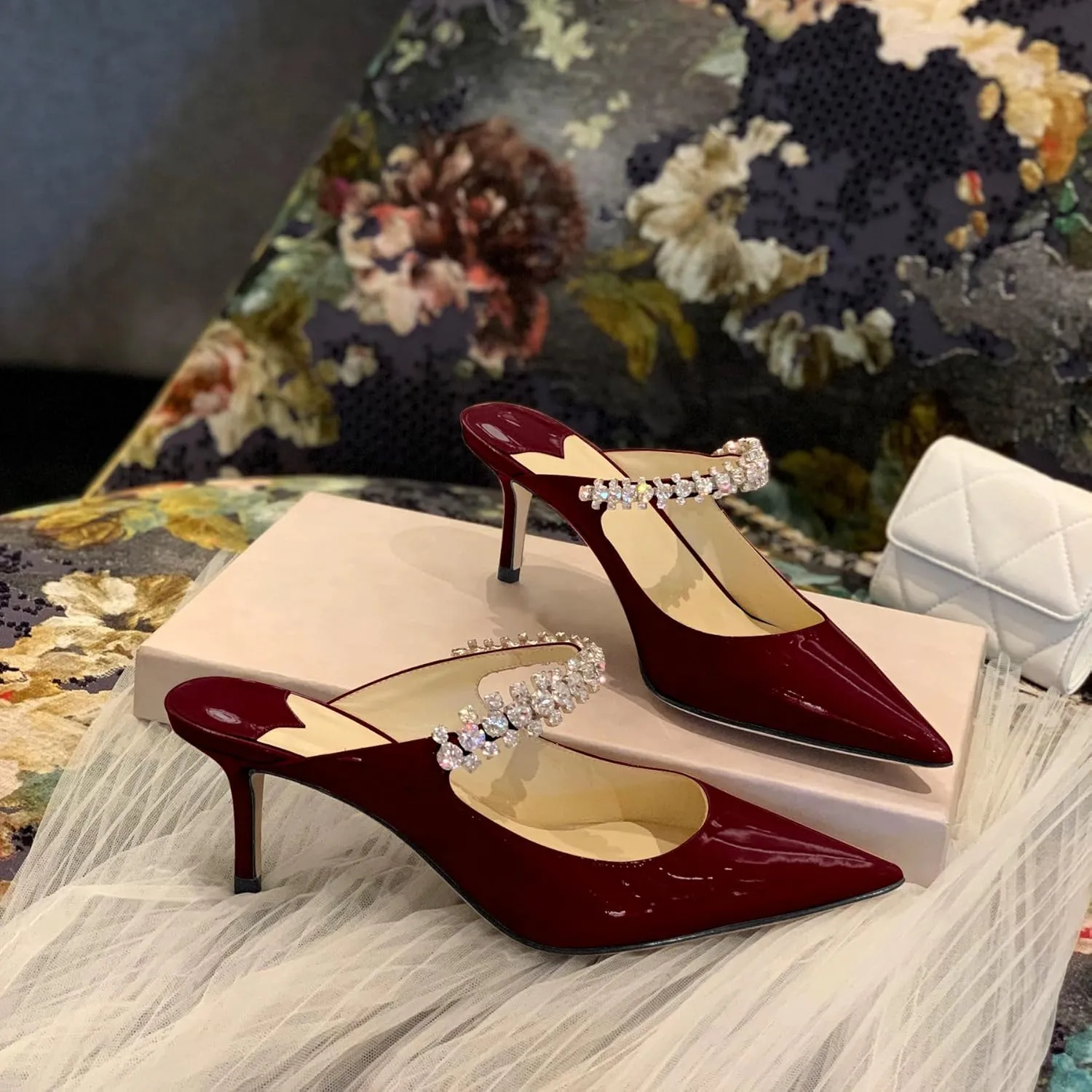 XINIUNIU Heeled Mules for Women Rhinestone Heels Pointed Toe Slip On 2.5 Inch Kitten Stiletto Closed Toe Sandals Dress Wedding Pump Shoes