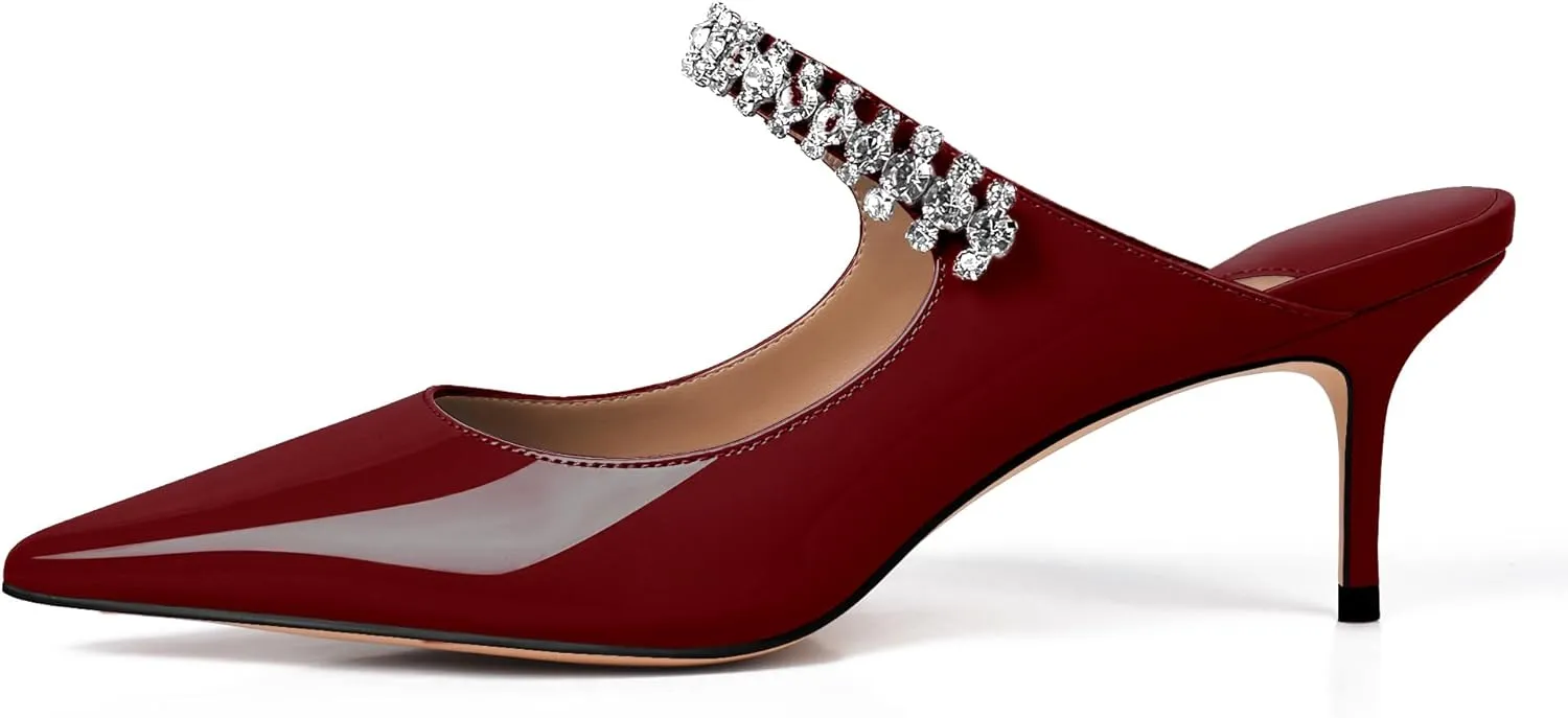XINIUNIU Heeled Mules for Women Rhinestone Heels Pointed Toe Slip On 2.5 Inch Kitten Stiletto Closed Toe Sandals Dress Wedding Pump Shoes