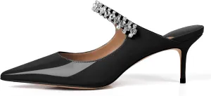 XINIUNIU Heeled Mules for Women Rhinestone Heels Pointed Toe Slip On 2.5 Inch Kitten Stiletto Closed Toe Sandals Dress Wedding Pump Shoes