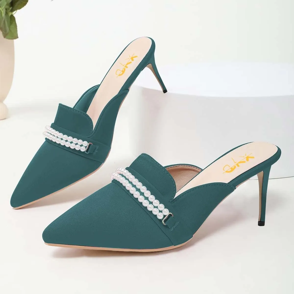 XYD Women Casual Closed Pointed Toe Pearl Chains Slides Mid Heel Mules Backless Slip On Comfy Daily Walking Party Event Dressy Slipper Shoes