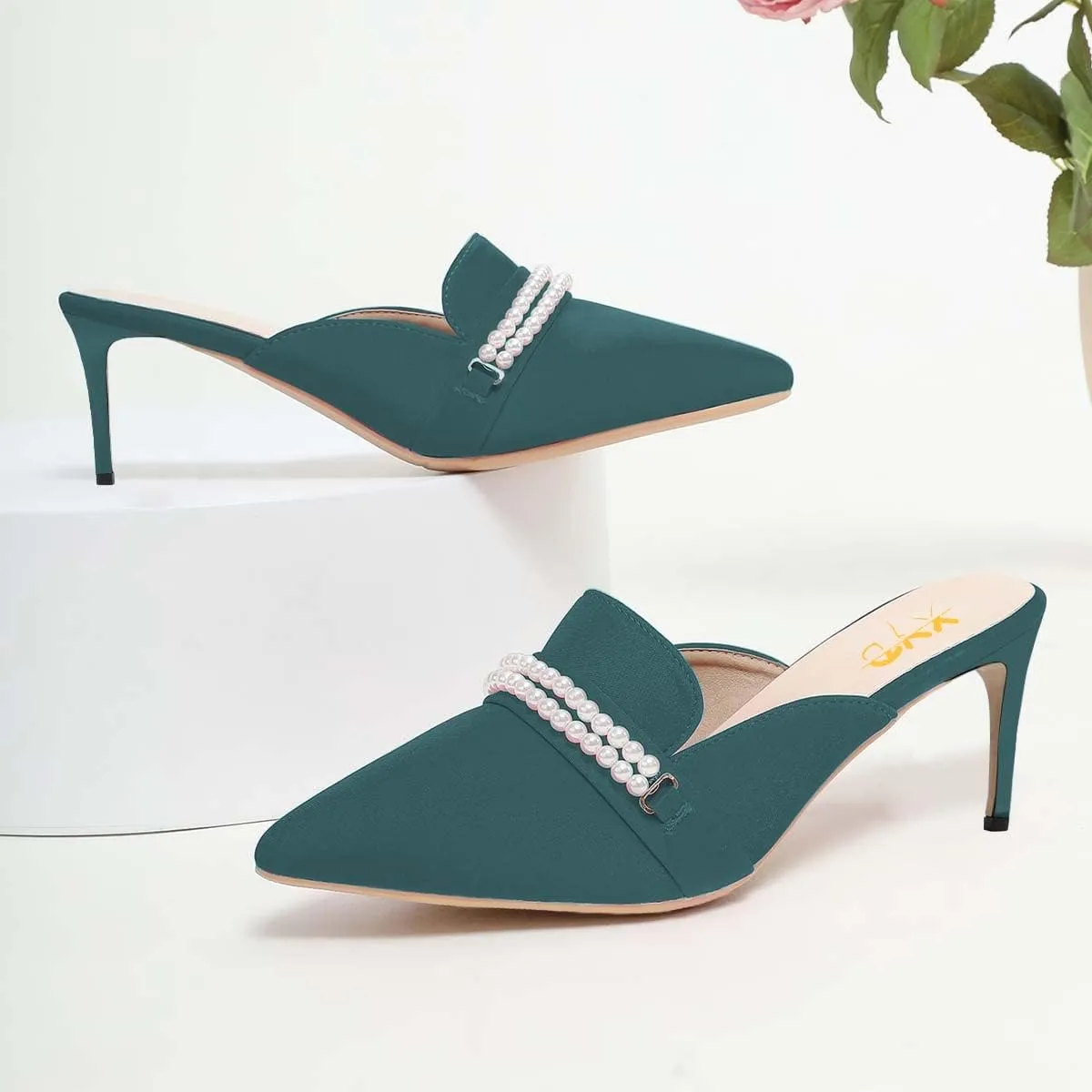 XYD Women Casual Closed Pointed Toe Pearl Chains Slides Mid Heel Mules Backless Slip On Comfy Daily Walking Party Event Dressy Slipper Shoes