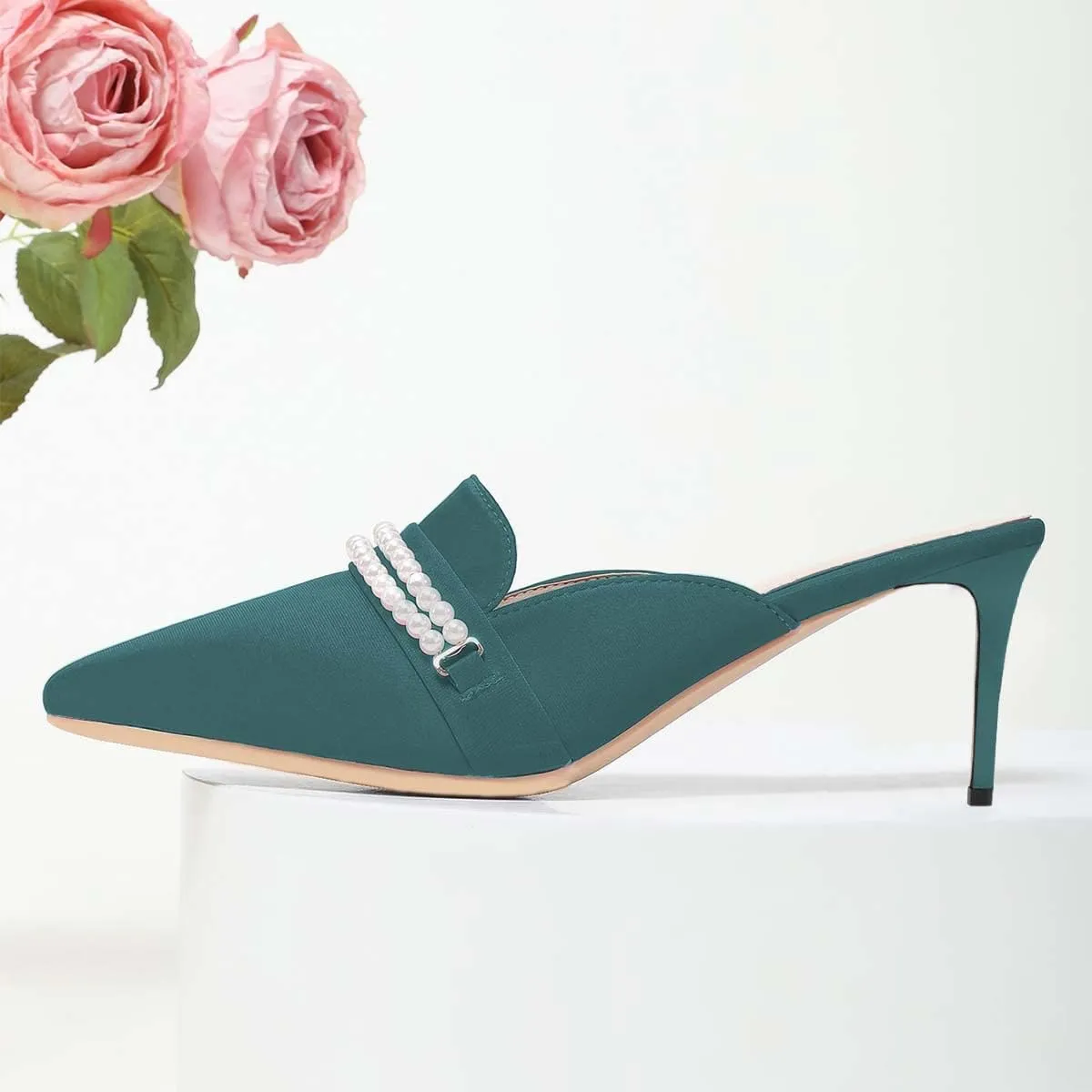 XYD Women Casual Closed Pointed Toe Pearl Chains Slides Mid Heel Mules Backless Slip On Comfy Daily Walking Party Event Dressy Slipper Shoes