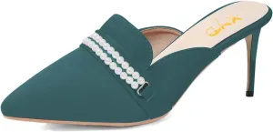 XYD Women Casual Closed Pointed Toe Pearl Chains Slides Mid Heel Mules Backless Slip On Comfy Daily Walking Party Event Dressy Slipper Shoes