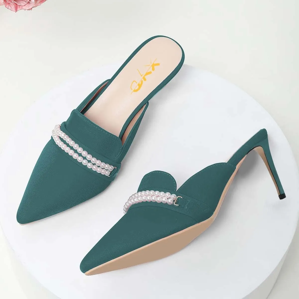 XYD Women Casual Closed Pointed Toe Pearl Chains Slides Mid Heel Mules Backless Slip On Comfy Daily Walking Party Event Dressy Slipper Shoes