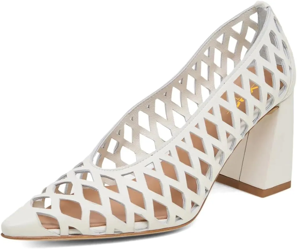 XYD Women Chunky Heels Pointed Toe Woven Pumps Slip-on Cutout Chic Office Formal Spring Summer Shoes