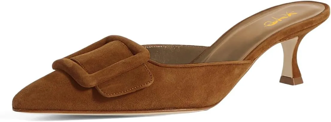 XYD Women Pointed Toe Mule Pumps with Buckle Kitten Low Heels Slip On Open-Back Slides Sandals Fashion Comfy Shoes
