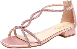 XYD Women's Crystal Low Heel Sandals Square Open Toe Snakelike T-Bar Strappy Flats with Back Zip Stylish Dress Shoes