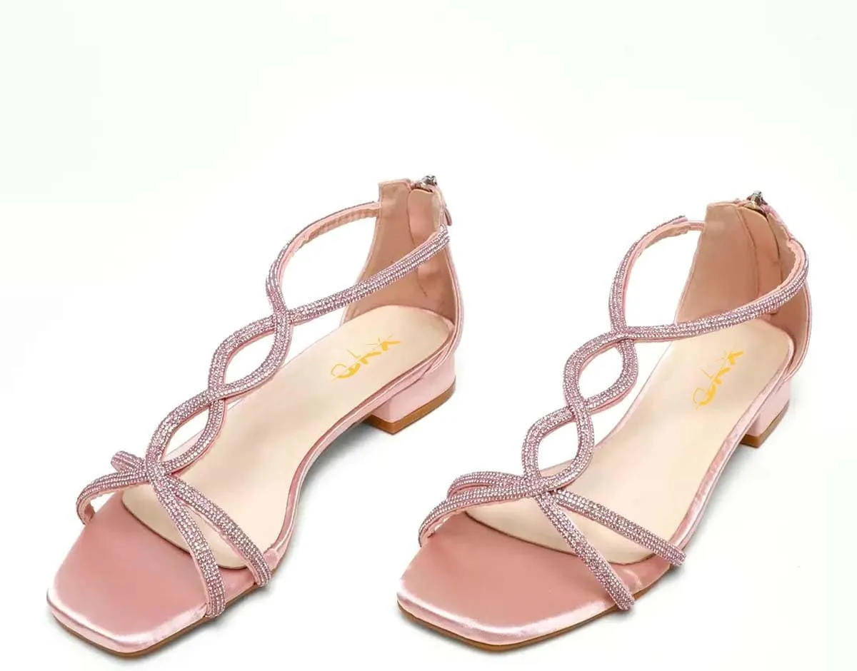 XYD Women's Crystal Low Heel Sandals Square Open Toe Snakelike T-Bar Strappy Flats with Back Zip Stylish Dress Shoes