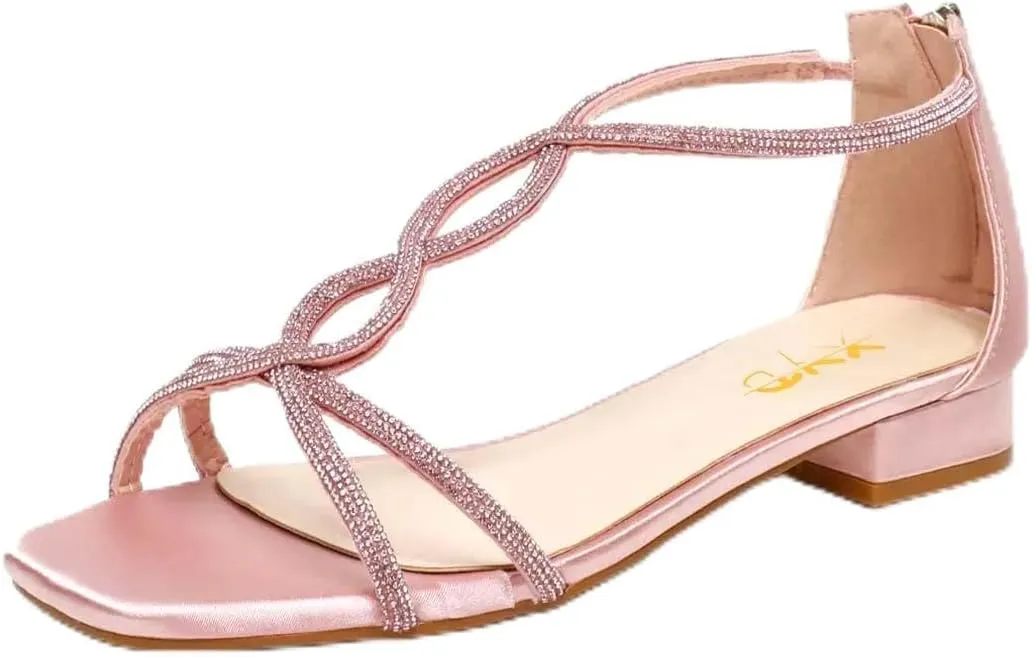 XYD Women's Crystal Low Heel Sandals Square Open Toe Snakelike T-Bar Strappy Flats with Back Zip Stylish Dress Shoes