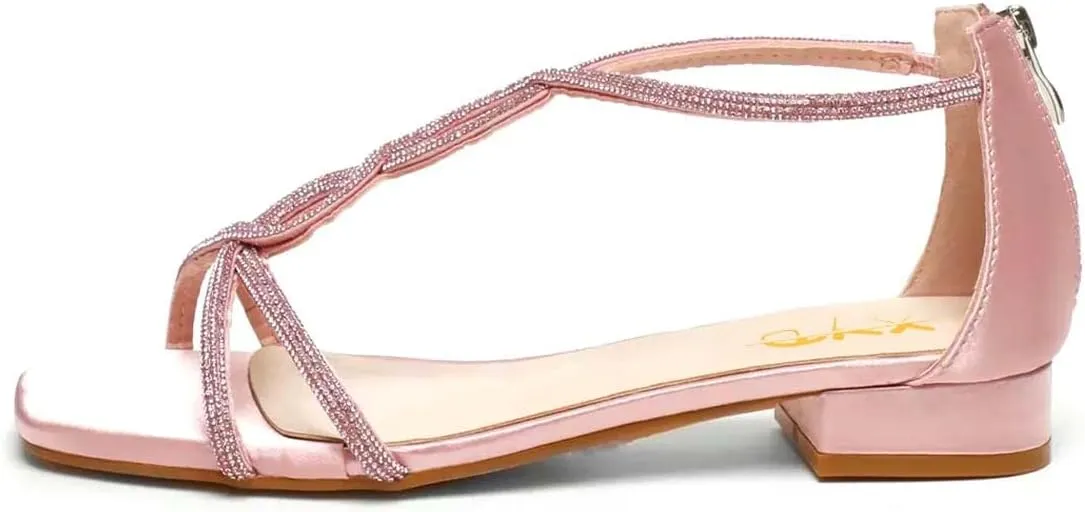 XYD Women's Crystal Low Heel Sandals Square Open Toe Snakelike T-Bar Strappy Flats with Back Zip Stylish Dress Shoes