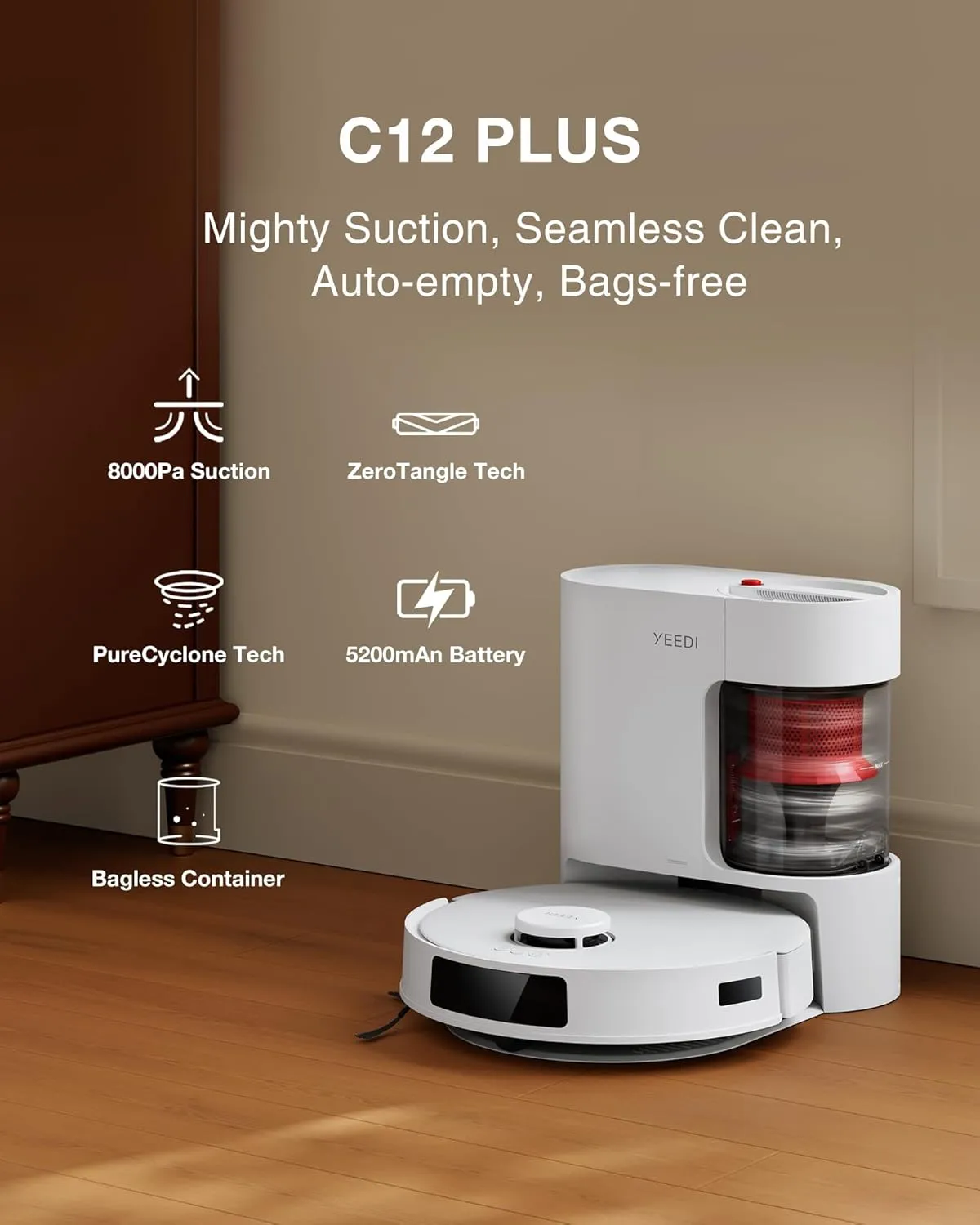 Yeedi C12 Plus Robot Vacuum and Mop, 8000Pa Strong Suction, 7-Week Dust Storage, Bagless Dust Bin, PureCyclone Tech, ZeroTangle Brush, White