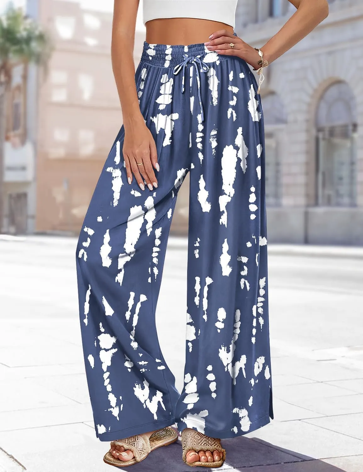 YESNO Women Summer Boho Palazzo Pants High Waist Wide Leg Floral Casual Cotton Lounge Trousers with Pockets PP0
