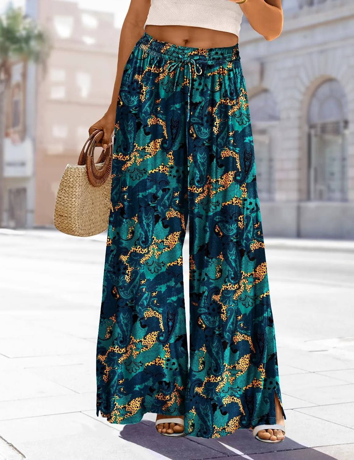 YESNO Women Summer Boho Palazzo Pants High Waist Wide Leg Floral Casual Cotton Lounge Trousers with Pockets PP0