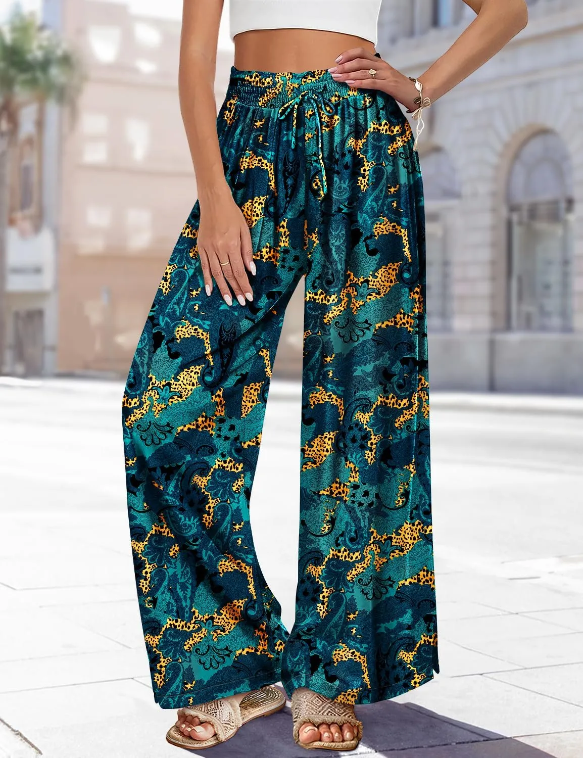 YESNO Women Summer Boho Palazzo Pants High Waist Wide Leg Floral Casual Cotton Lounge Trousers with Pockets PP0