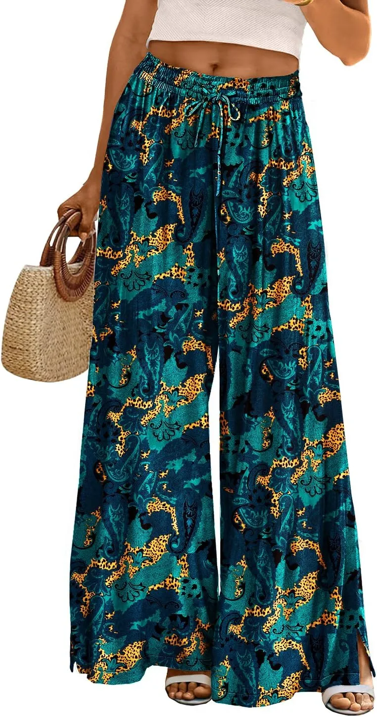 YESNO Women Summer Boho Palazzo Pants High Waist Wide Leg Floral Casual Cotton Lounge Trousers with Pockets PP0