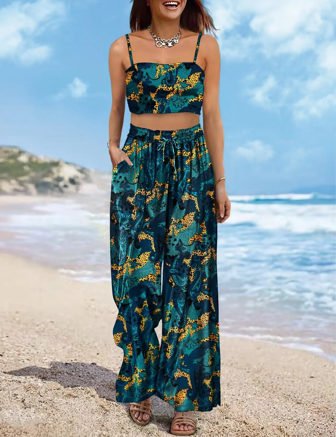 YESNO Women Summer Boho Palazzo Pants High Waist Wide Leg Floral Casual Cotton Lounge Trousers with Pockets PP0