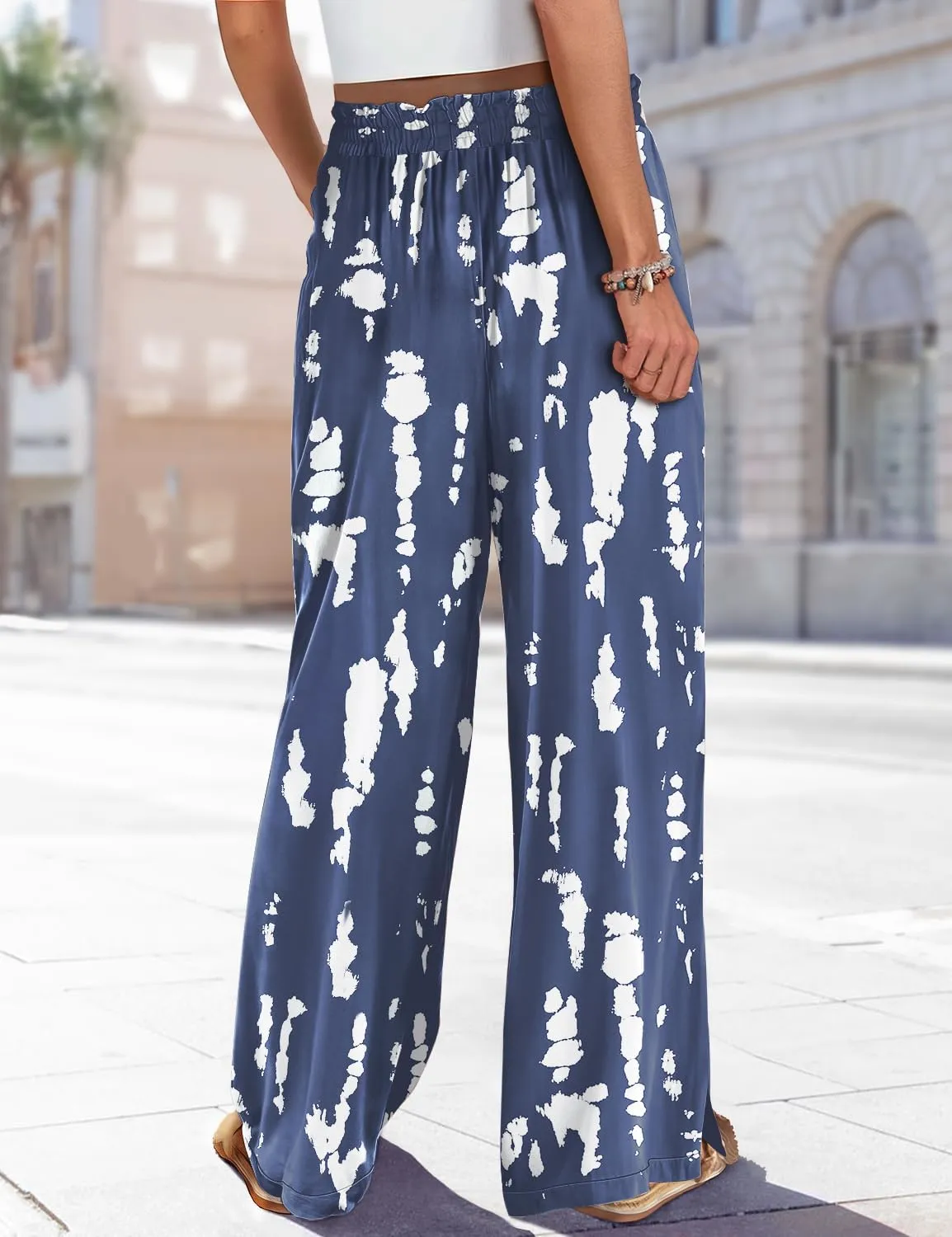 YESNO Women Summer Boho Palazzo Pants High Waist Wide Leg Floral Casual Cotton Lounge Trousers with Pockets PP0