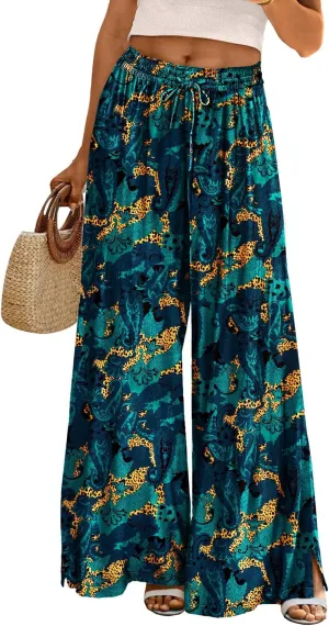 YESNO Women Summer Boho Palazzo Pants High Waist Wide Leg Floral Casual Cotton Lounge Trousers with Pockets PP0