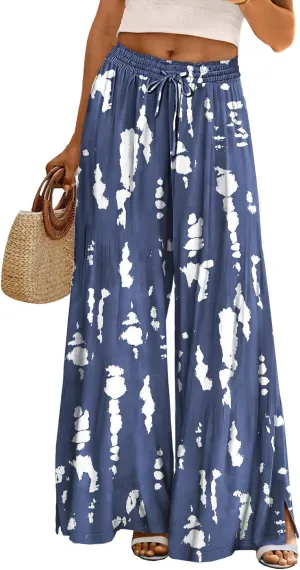 YESNO Women Summer Boho Palazzo Pants High Waist Wide Leg Floral Casual Cotton Lounge Trousers with Pockets PP0