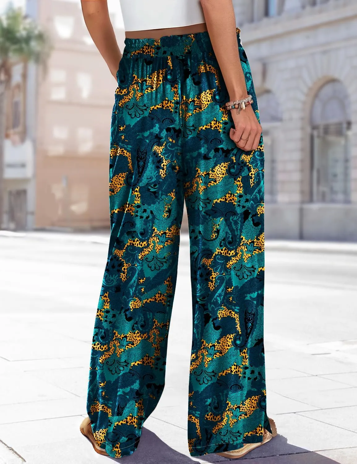 YESNO Women Summer Boho Palazzo Pants High Waist Wide Leg Floral Casual Cotton Lounge Trousers with Pockets PP0