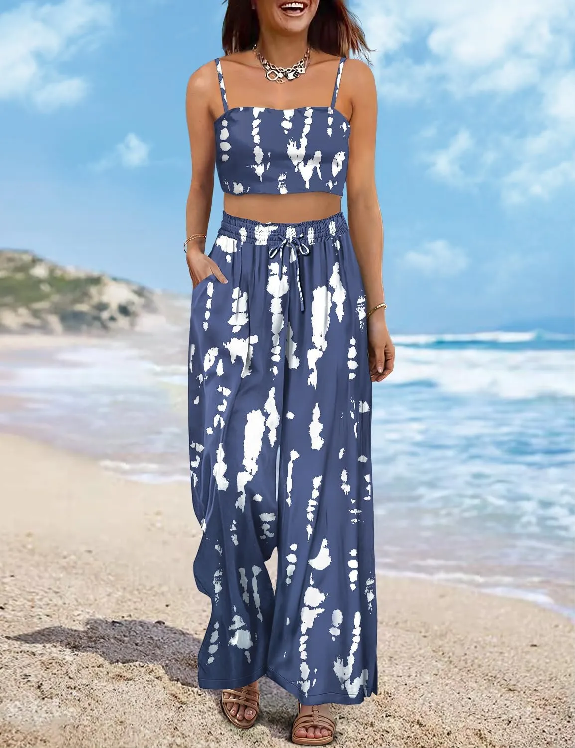 YESNO Women Summer Boho Palazzo Pants High Waist Wide Leg Floral Casual Cotton Lounge Trousers with Pockets PP0