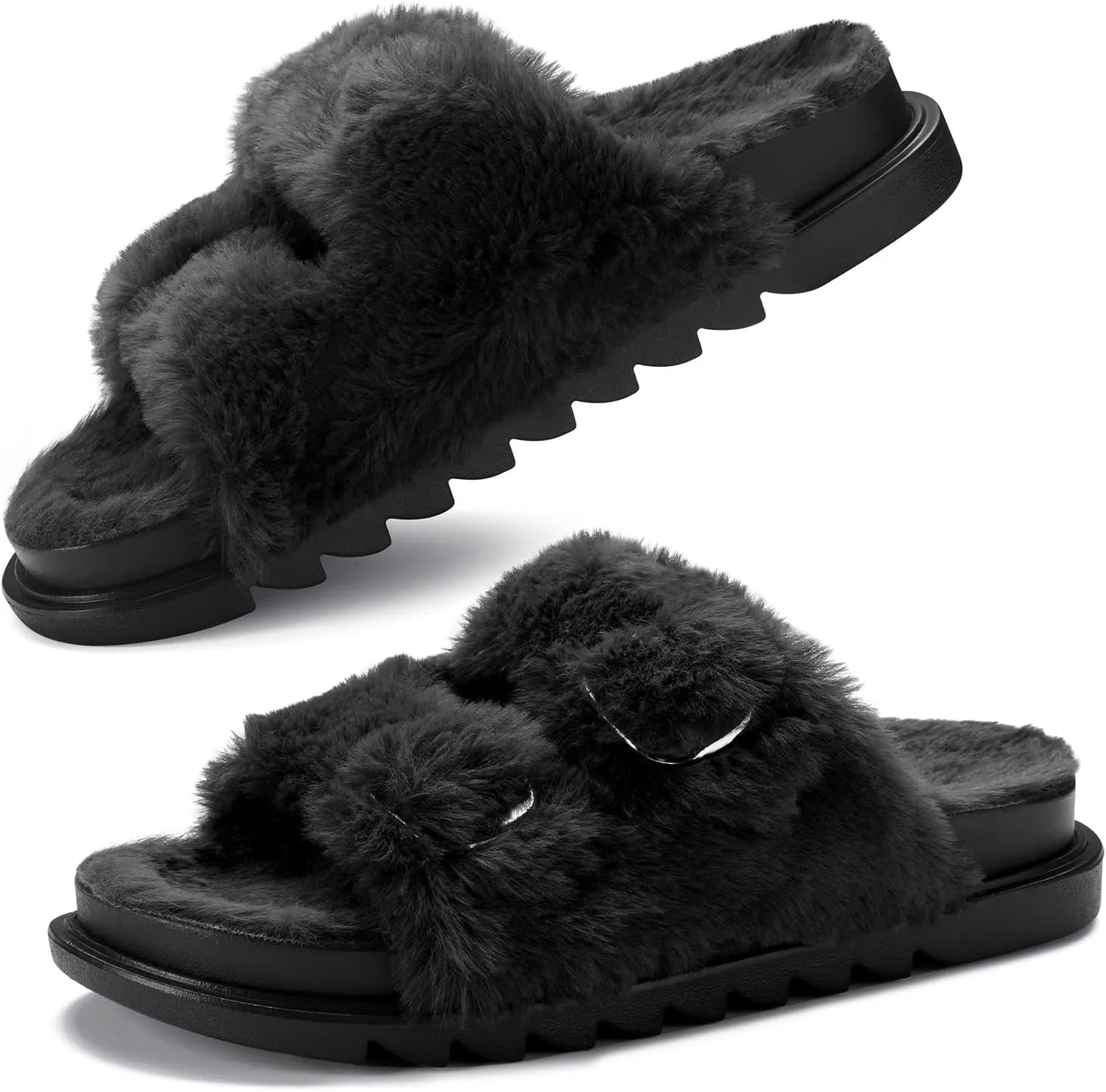 YOLIS Womens Slippers Faux Fur House Slippers for Women Slip on Open Toe Slippers with Arch Support Adjustable Buckles Fuzzy Slides Sandals for Women Comfy Non Slip Plantar Fasciitis Slippers Size6-11